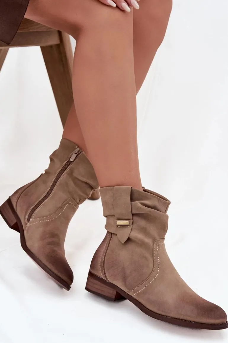 Botki Damskie Na Niskim Obcasie Z Marszczeniem Ocieplane Khaki Gracia