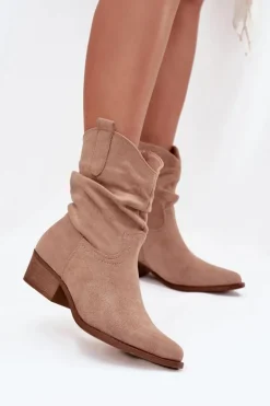 Botki Damskie Na Niskim Obcasie Z Marszczeniem Beżowe Adena