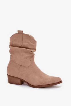 Botki Damskie Na Niskim Obcasie Z Marszczeniem Beżowe Adena