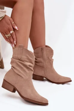 Botki Damskie Na Niskim Obcasie Z Marszczeniem Beżowe Adena