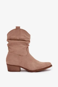 Botki Damskie Na Niskim Obcasie Z Marszczeniem Beżowe Adena