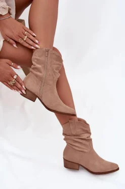 Botki Damskie Na Niskim Obcasie Z Marszczeniem Beżowe Adena