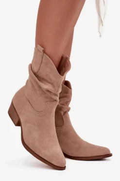 Botki Damskie Na Niskim Obcasie Z Marszczeniem Beżowe Adena