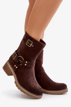 Botki Damskie Na Niskim Obcasie Z Klamrami Brązowe Zudra
