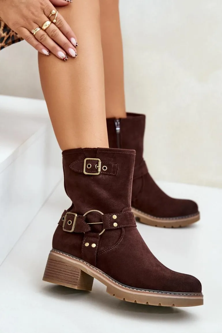 Botki Damskie Na Niskim Obcasie Z Klamrami Brązowe Zudra