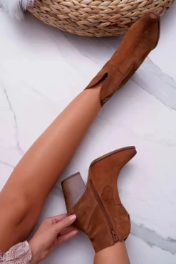 Botki Damskie Na Obcasie Skóra Zamsz Koniak Nicole 2433