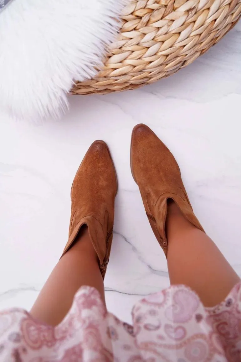 Botki Damskie Na Obcasie Skóra Zamsz Koniak Nicole 2433