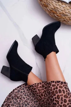 Botki Damskie Na Obcasie Zamszowe Czarne Gomen