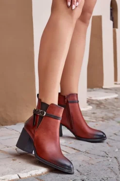 Botki Damskie Na Obcasie Słupku Ocieplane Z Paskiem Brązowe Zinithia