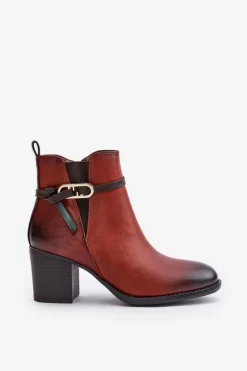 Botki Damskie Na Obcasie Słupku Ocieplane Z Paskiem Brązowe Zinithia