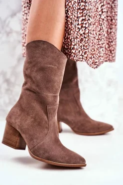 Botki Damskie Na Obcasie Skóra Nubuk Cappuccino Nicole 2580