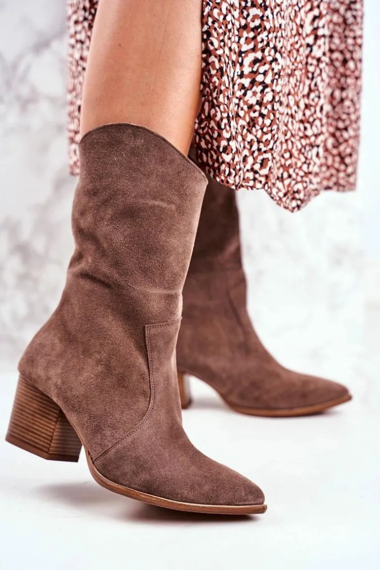 Botki Damskie Na Obcasie Skóra Nubuk Cappuccino Nicole 2580