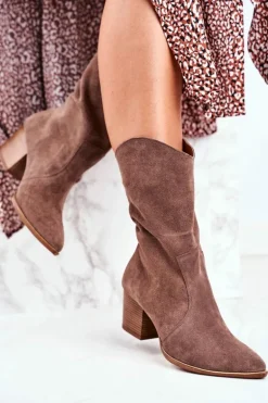 Botki Damskie Na Obcasie Skóra Nubuk Cappuccino Nicole 2580