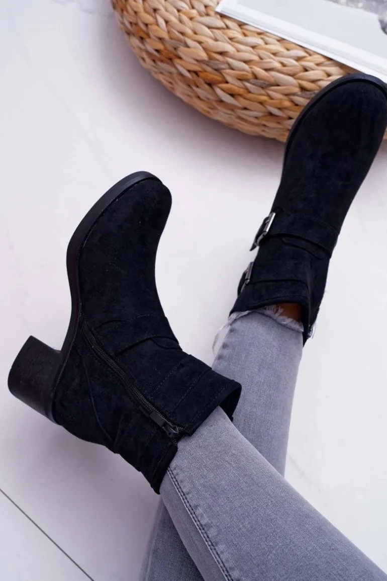 Botki Damskie Na Obcasie Zamszowe Czarne Fagret