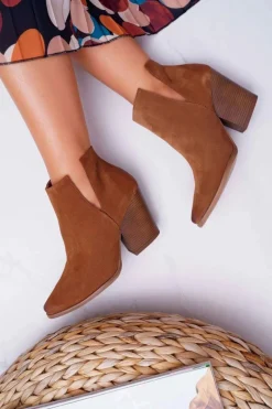 Botki Damskie Na Obcasie Wiosenne Skóra Zamsz Brązowe Nicole 2430