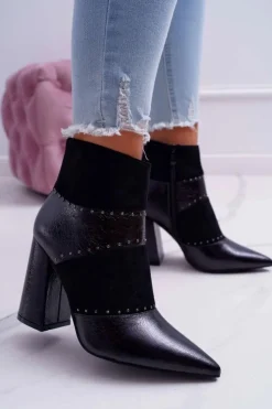 Botki Damskie Na Obcasie Z Nitami W Szpic RB21P Czarne Yango