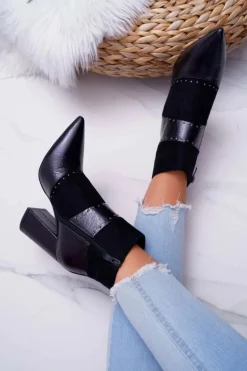 Botki Damskie Na Obcasie Z Nitami W Szpic RB21P Czarne Yango