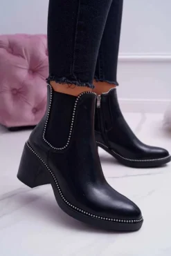 Botki Damskie Na Obcasie Z Dżetami Czarne Rhythmic