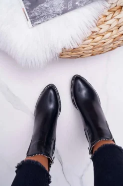 Botki Damskie Na Obcasie Z Dżetami Czarne Rhythmic