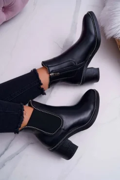 Botki Damskie Na Obcasie Z Dżetami Czarne Rhythmic