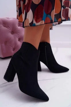 Botki Damskie Na Obcasie Z Nitami W Szpic RB23P Czarne Snack