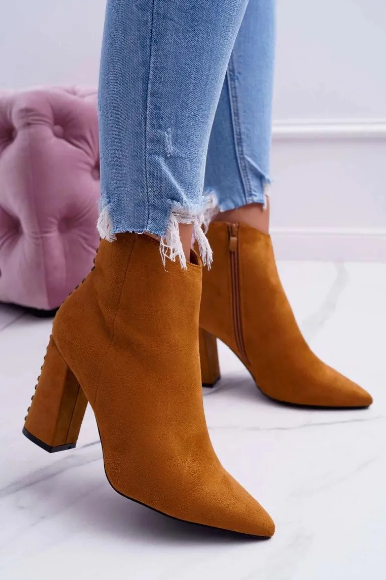 Botki Damskie Na Obcasie Z Nitami W Szpic RB23P Camel Snack