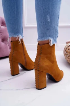Botki Damskie Na Obcasie Z Nitami W Szpic RB23P Camel Snack