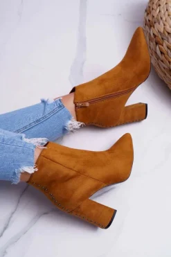 Botki Damskie Na Obcasie Z Nitami W Szpic RB23P Camel Snack