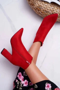 Botki Damskie Na Obcasie Z Nitami W Szpic Czerwone Snack