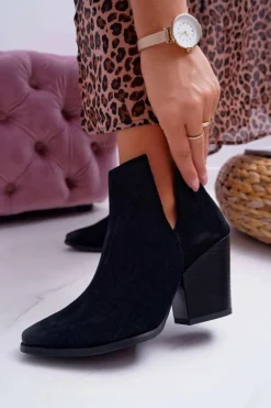 Botki Damskie Na Obcasie Wiosenne Skóra Zamsz Czarne Nicole 2430