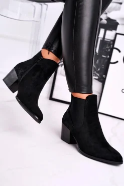 Botki Damskie Na Obcasie Sergio Leone Zamszowe Czarne BT613