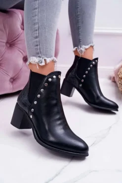 Botki Damskie Na Obcasie Z Gumkami Czarne Vista