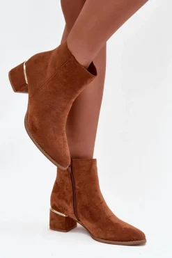 Botki Damskie Na Obcasie Ze Złotym Elementem Ocieplane Camel Nolessa