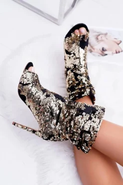 Botki Damskie Na Obcasie Eleganckie z Cekinami Złote Harley