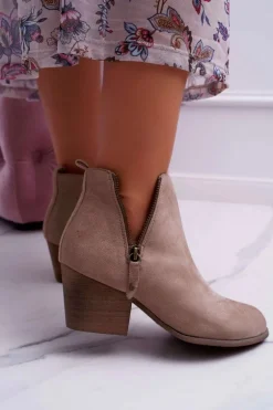 Botki Damskie Na Obcasie Suwak Zamszowe Beżowe Farre