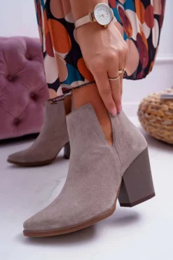 Botki Damskie Na Obcasie Wiosenne Skóra Zamsz Cappuccino Nicole 2430