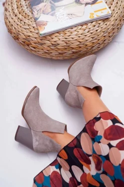 Botki Damskie Na Obcasie Wiosenne Skóra Zamsz Cappuccino Nicole 2430