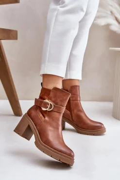 Botki Damskie Na Obcasie Słupku Ocieplane Na Zamek Camel Inabelle