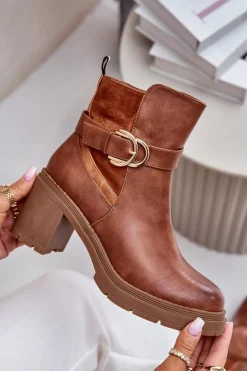 Botki Damskie Na Obcasie Słupku Ocieplane Na Zamek Camel Inabelle