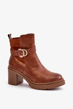 Botki Damskie Na Obcasie Słupku Ocieplane Na Zamek Camel Inabelle