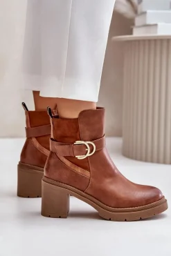 Botki Damskie Na Obcasie Słupku Ocieplane Na Zamek Camel Inabelle