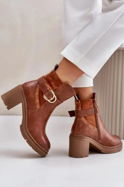 Botki Damskie Na Obcasie Słupku Ocieplane Na Zamek Camel Inabelle