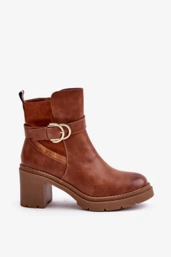 Botki Damskie Na Obcasie Słupku Ocieplane Na Zamek Camel Inabelle