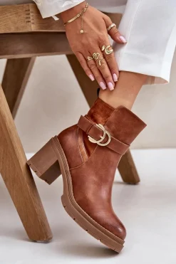 Botki Damskie Na Obcasie Słupku Ocieplane Na Zamek Camel Inabelle