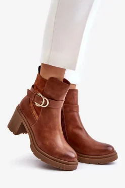Botki Damskie Na Obcasie Słupku Ocieplane Na Zamek Camel Inabelle