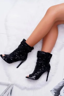 Botki Damskie Na Obcasie Eleganckie z Cekinami Czarne Harley