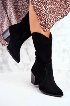 Botki Damskie Na Obcasie Skóra Nubuk Czarne Nicole 2580