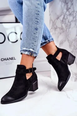 Botki Damskie Na Obcasie Z Wycięciami Czarne Sicily