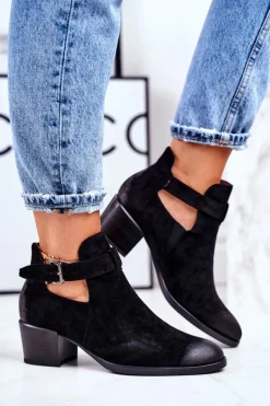 Botki Damskie Na Obcasie Z Wycięciami Czarne Sicily