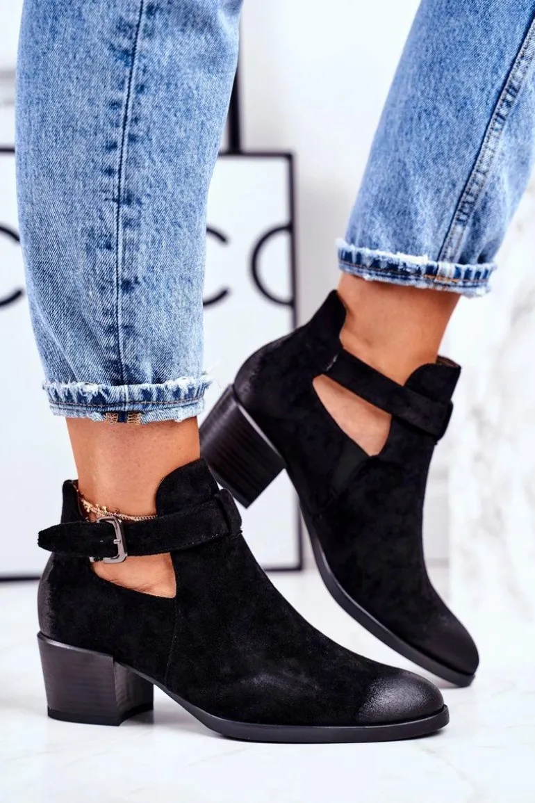 Botki Damskie Na Obcasie Z Wycięciami Czarne Sicily